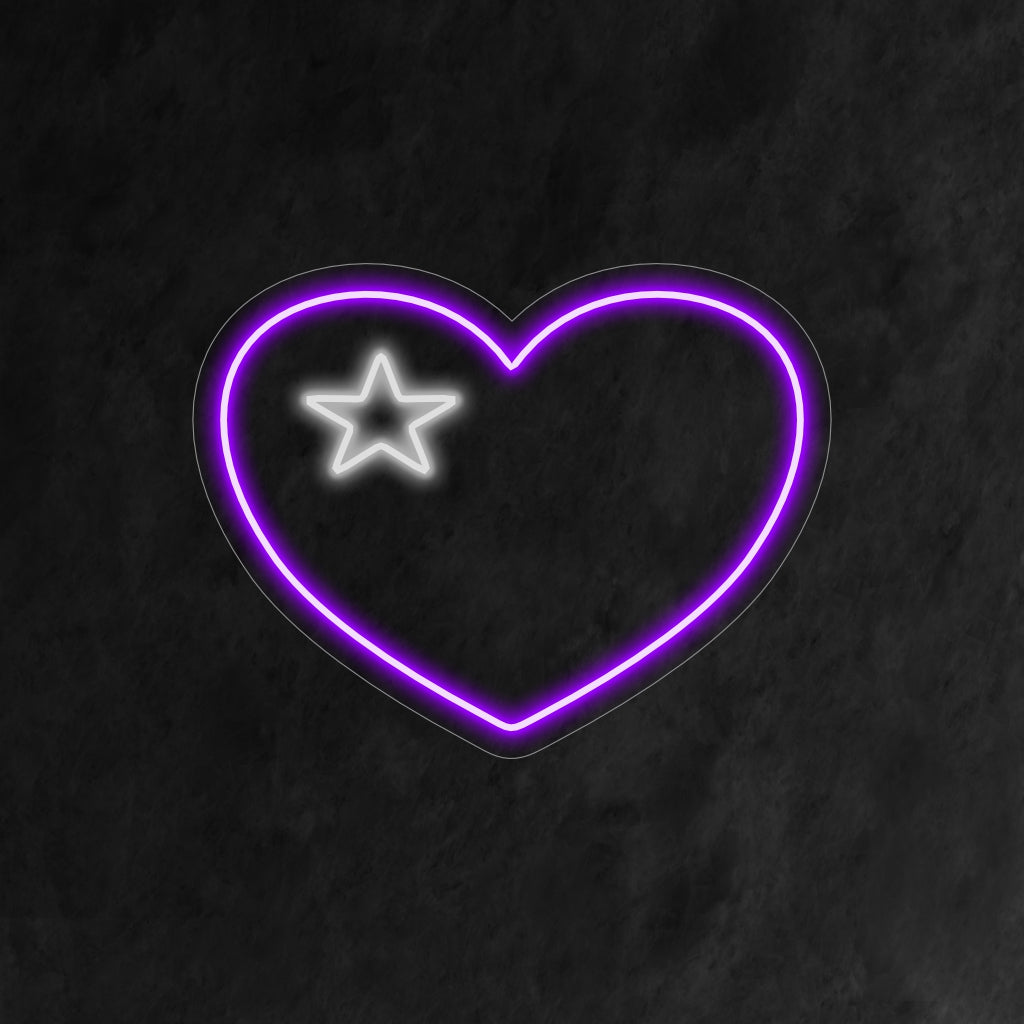 „Heart With A Star Neon Sign“ – Verbindet Liebe mit einem Hauch von Magie, perfekt für Räume, in denen die Liebe gefeiert wird und eine skurrile und verträumte Atmosphäre geschaffen werden soll.