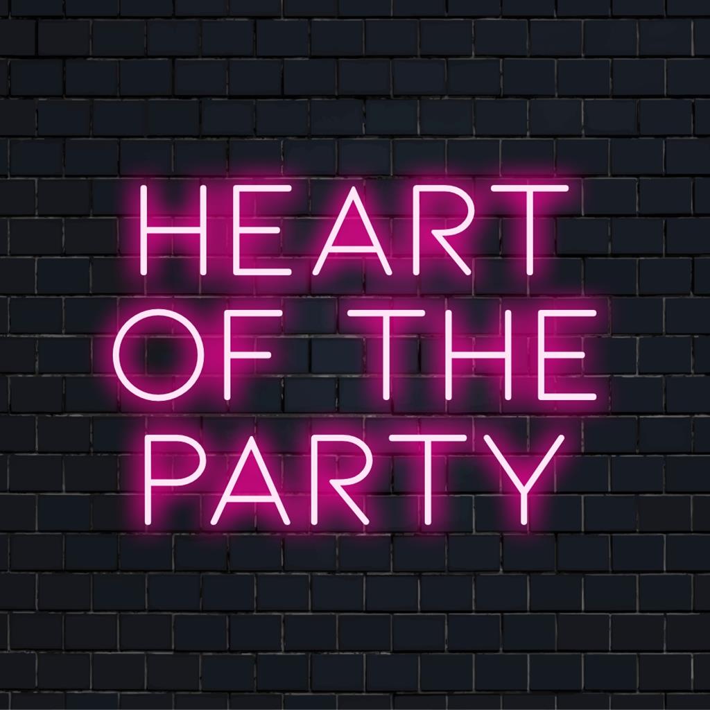LED-Neonschild mit dem Text „Hearth Of The Party“, leuchtend in leuchtenden Farben; perfekt für Wandkunst im Innenbereich und lebendige Dekoration.