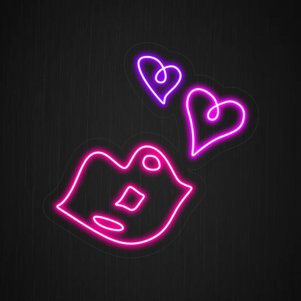 „Hearts and Sexy Lips Neon Sign“ – Verbindet Leidenschaft mit einem Hauch von Sinnlichkeit, perfekt für Nachtclubs, Veranstaltungsorte für Erwachsenenunterhaltung oder jeden Raum, der eine fesselnde und provokative Atmosphäre schaffen soll.
