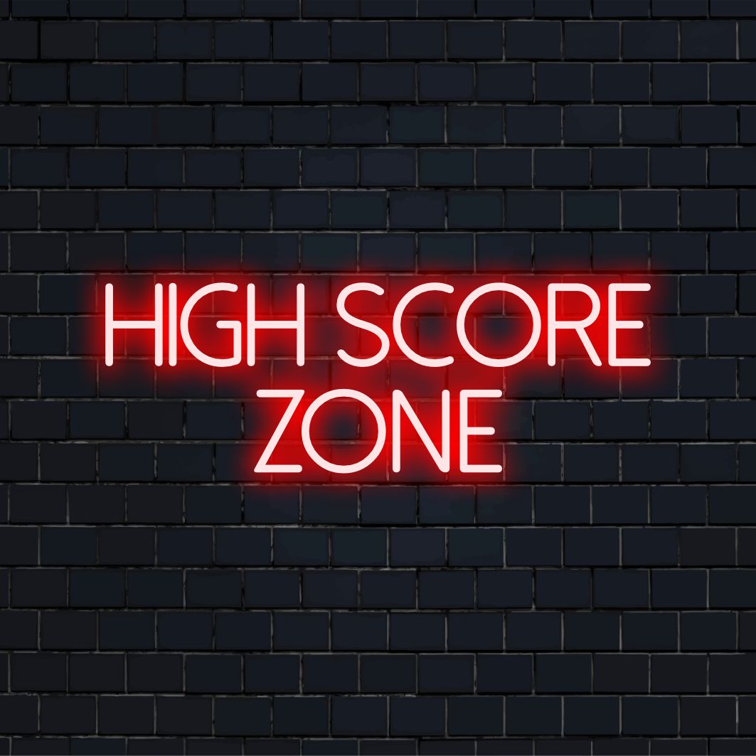 LED-Neonschild mit High Score Zone-Text, leuchtenden Farben und verspieltem Design. Ideal als Gaming-Wanddekoration.