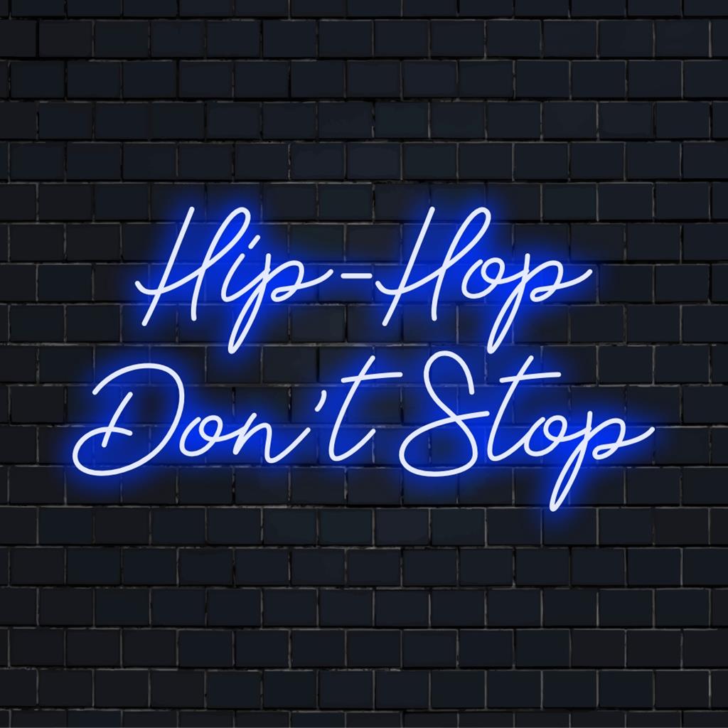LED-Neonschild „Hip-Hop Don't Stop“ mit energetischem Neonleuchten; ideales Dekorationsstück für Musikliebhaber und lebendige Umgebungen.
