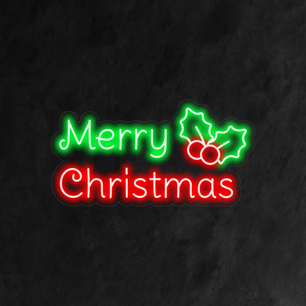 „Holly Merry Christmas Neon Sign“ ist eine traditionelle und festliche Ergänzung für Ihr weihnachtliches Interieur. Ein Neonlicht, das das zeitlose Symbol der Stechpalme zeigt.