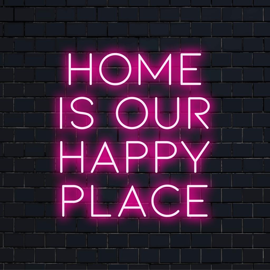 LED-Neonschild mit der Aufschrift „Home Is Our Happy Place“, perfekt, um Ihrer Einrichtung einen warmen Glanz und eine persönliche Note zu verleihen.