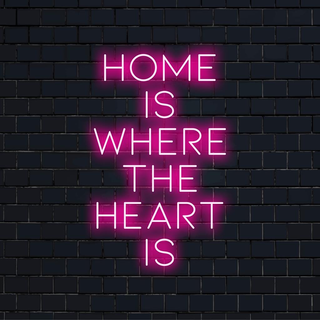 Individuelles LED-Neonschild mit dem Zitat „Home Is Where The Heart Is“, perfekt, um Ihren Wohnraum mit gemütlichem Charme zu erhellen.