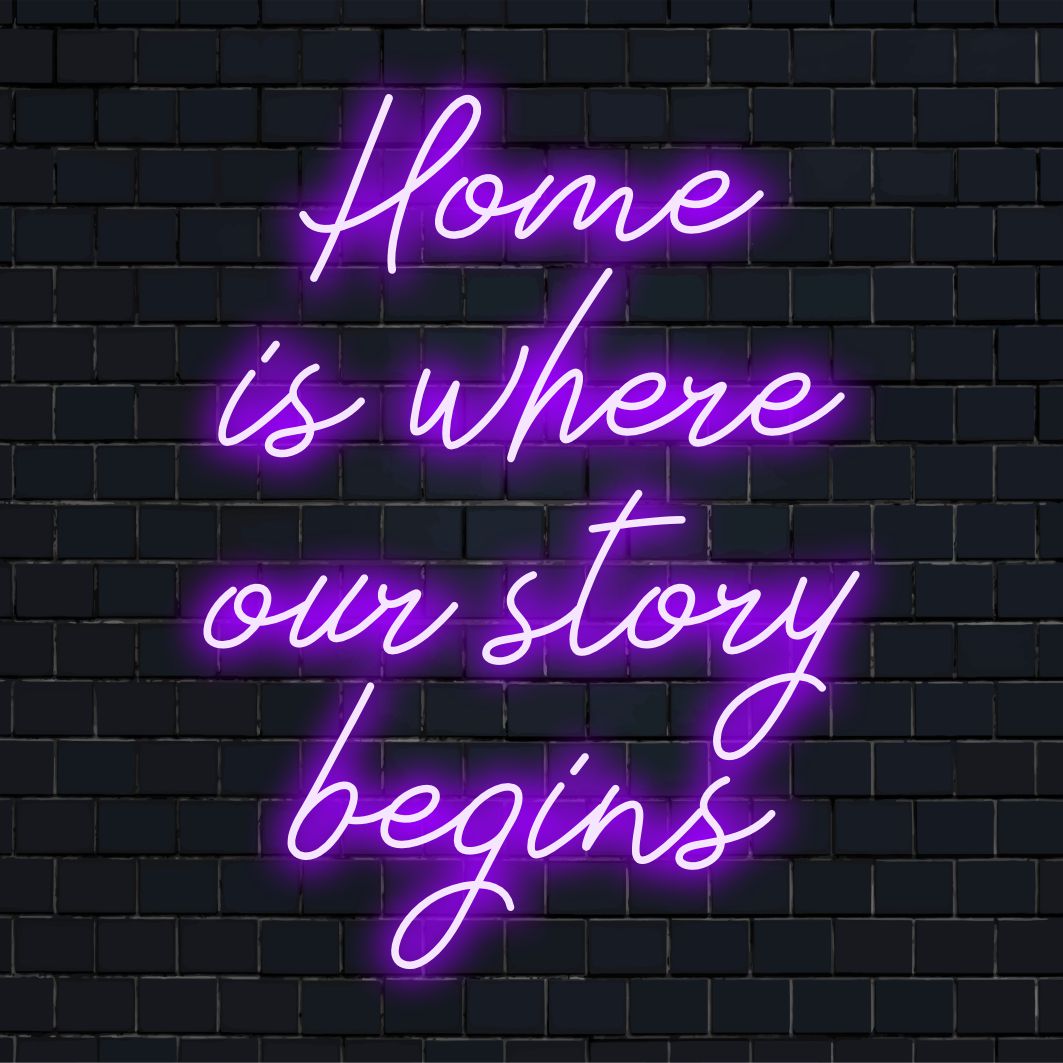 LED-Neonschild mit dem Text „Home Is Where Our Story Begins“, perfekt, um jedem Raum Wärme zu verleihen. Individueller LED-Funken und Komfort.