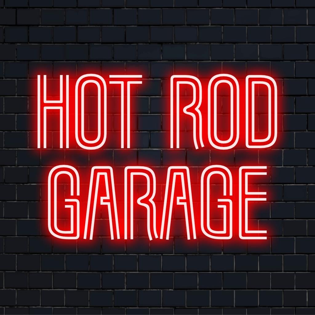 Individuelles LED-Neonschild „Hot Road Garage“ mit eleganter Typografie; ein stilvolles Herzstück für Ihre Wand, das jeden Raum mit einem lebendigen Schein aufwertet.