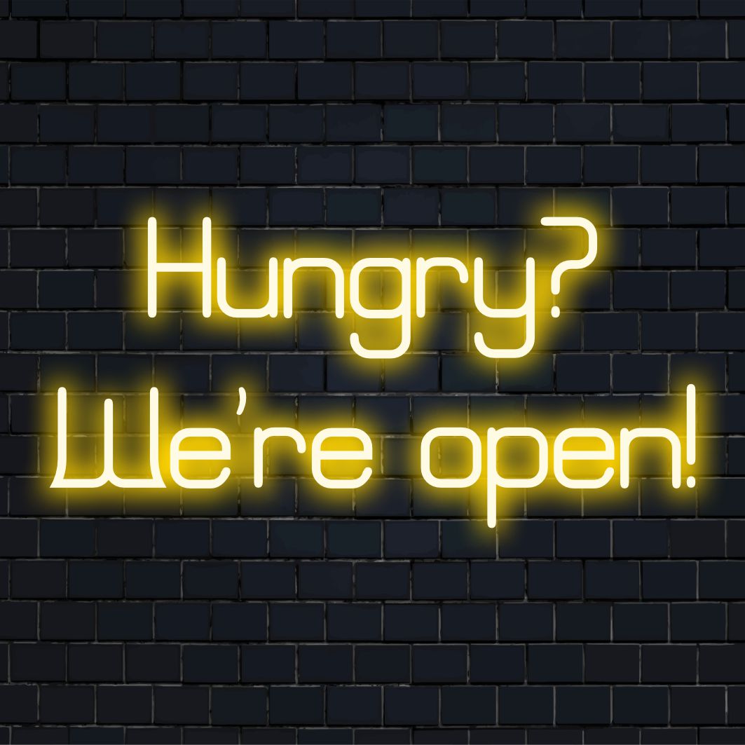 LED-Neonschild mit der Aufschrift „Hungry We're Open!“ in leuchtenden Farben, perfekt, um jeden Raum mit einladendem Neonlichtdekor aufzuwerten.