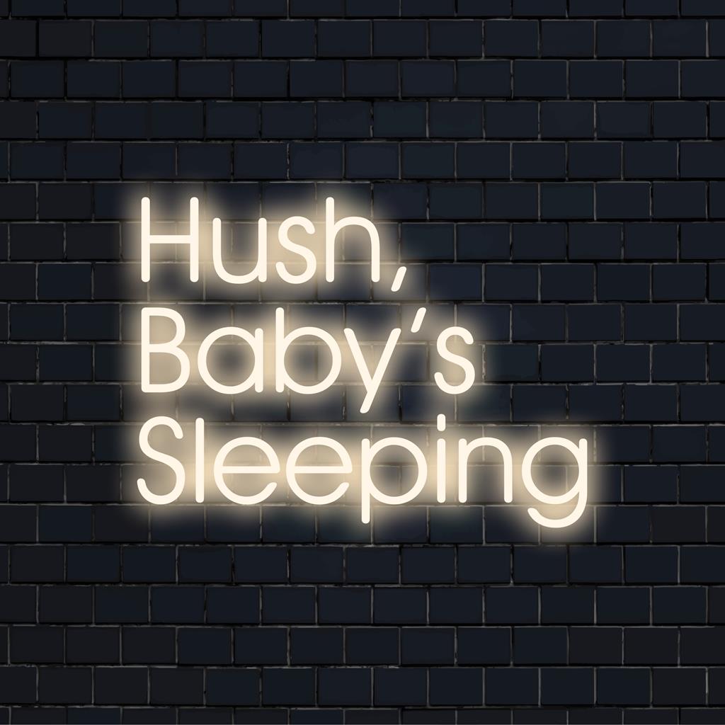 Elegantes, individuelles LED-Neonschild mit der Aufschrift „Hush, Baby’s Sleeping“, perfekt, um jeder Kinderzimmereinrichtung eine ruhige Note zu verleihen.