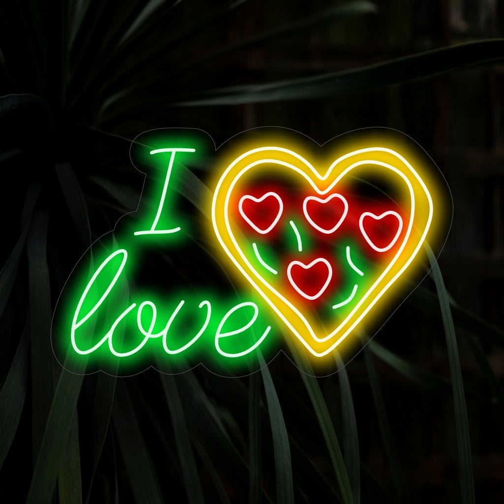 „I Love Pizza Neon Sign“ – Eine lustige und lebendige Ergänzung für Pizzaliebhaber, die die Liebeserklärung an die Pizza zeigt und eine lebendige und appetitliche Atmosphäre schafft.