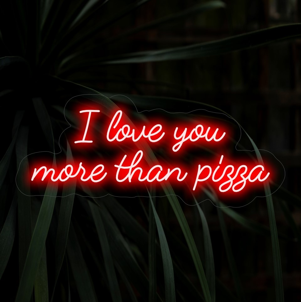 „Ich liebe dich mehr als Pizza“-Neonschild – Eine verspielte und liebevolle Ergänzung mit einer unbeschwerten Liebeserklärung, die eine lustige und unterhaltsame Atmosphäre für Liebesfeiern schafft.