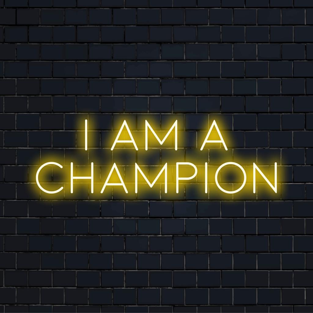 LED-Neonschild mit der Aufschrift „I Am A Champion“, perfekt für die Gestaltung motivierender Neon-Wandkunst oder einer individuellen Dekoration.