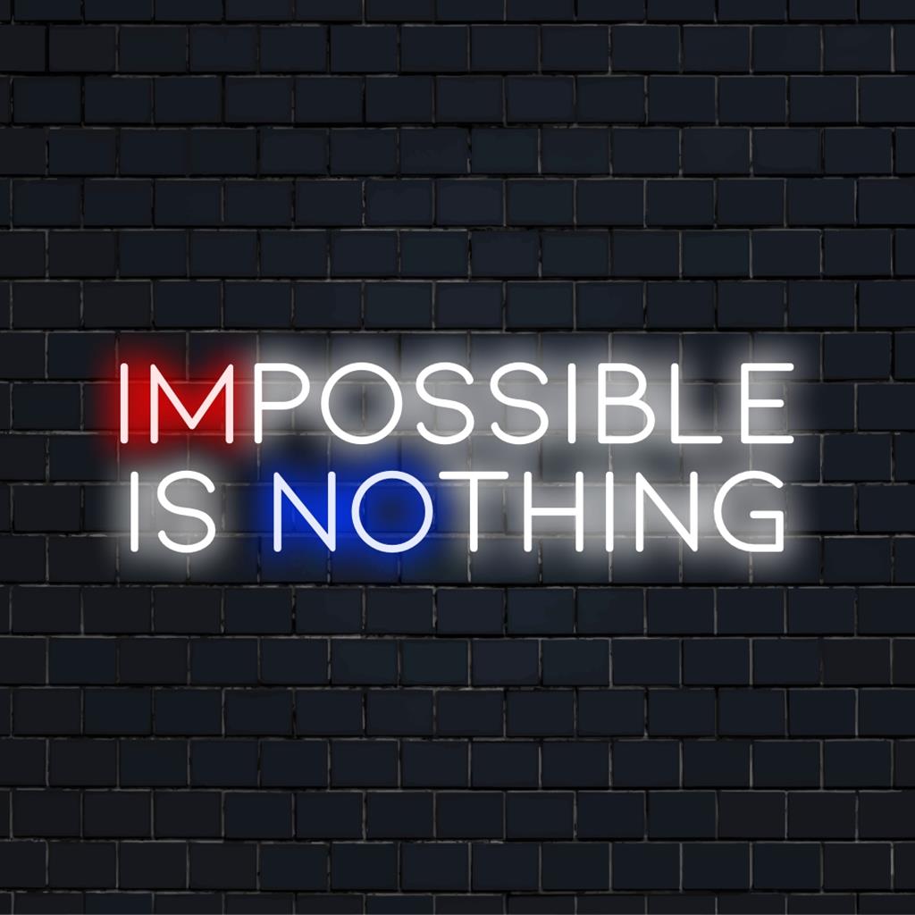 Aufwendiges, individuelles LED-Neonschild mit dem Satz „Impossible Is Nothing“, ideal für eine motivierende Neonlichtdekoration.