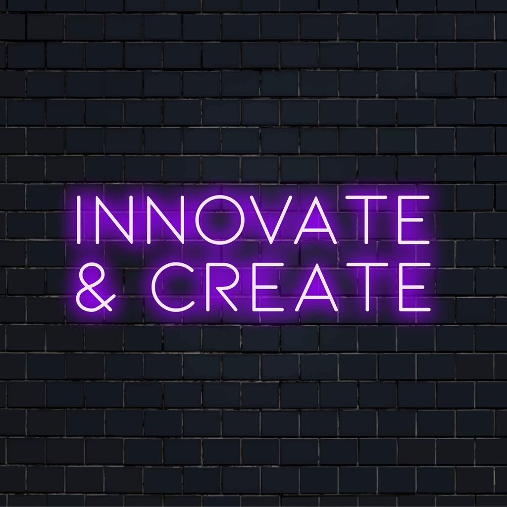 LED-Neonschild mit dem Satz „Innovate and Create“ in stilvoller Schrift, perfekt, um Kreativität in jedem Raum zu inspirieren.