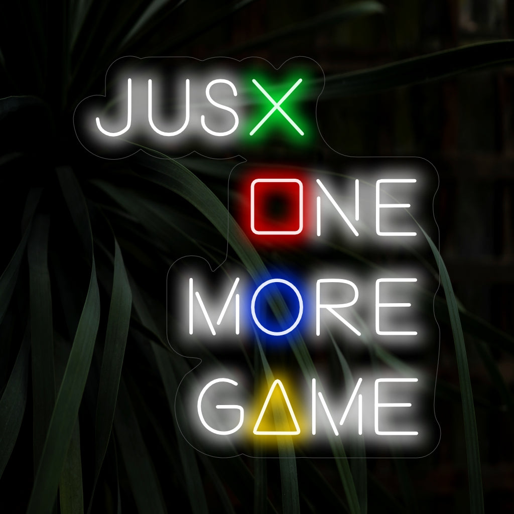 „Just One More Game Neon Sign“ – Werten Sie Ihren Gaming-Bereich mit diesem leuchtenden Neonschild auf und verleiten Sie dazu, für nur noch ein Spiel in die virtuelle Welt einzutauchen.