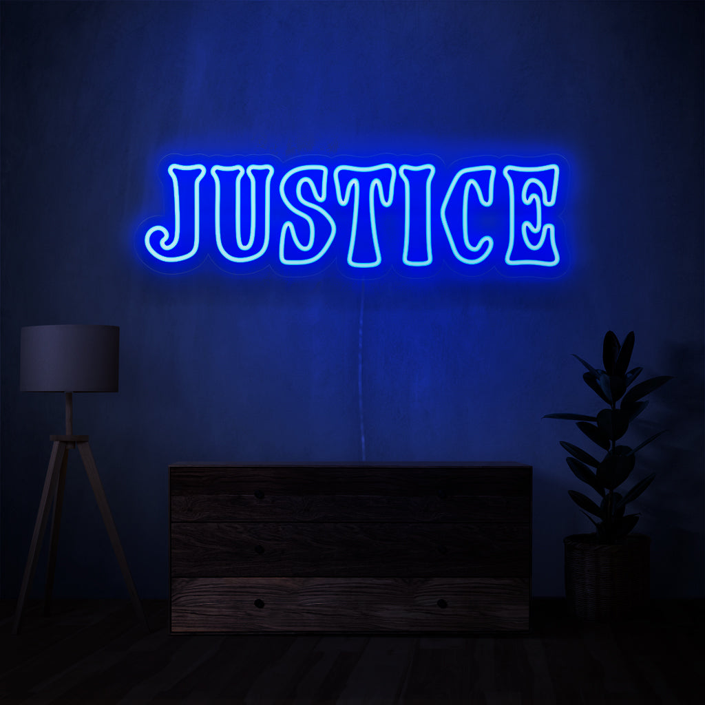 „Justice Neon Sign“ – Erleuchten Sie Ihren Raum mit dem kraftvollen Symbol der Gerechtigkeit und schaffen Sie eine Atmosphäre der Fairness und Integrität.
