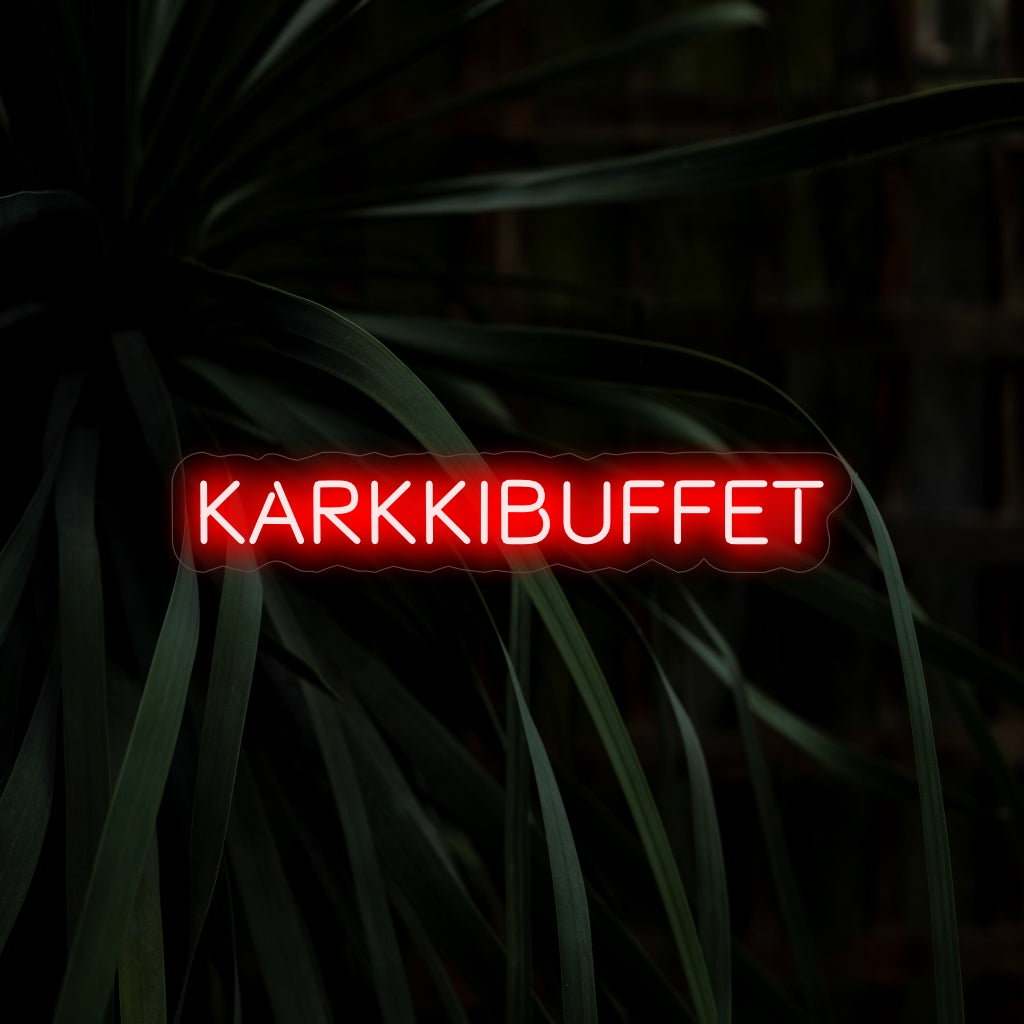 „Karkkibuffet Neon Sign“ – Verleihen Sie Ihrem Raum mit diesem entzückenden Neonschild eine süße Note. Es eignet sich perfekt zum Hervorheben von Süßigkeitenbuffets und Dessertecken. Verschönern Sie die Atmosphäre mit einem Hauch von süßem Charme.