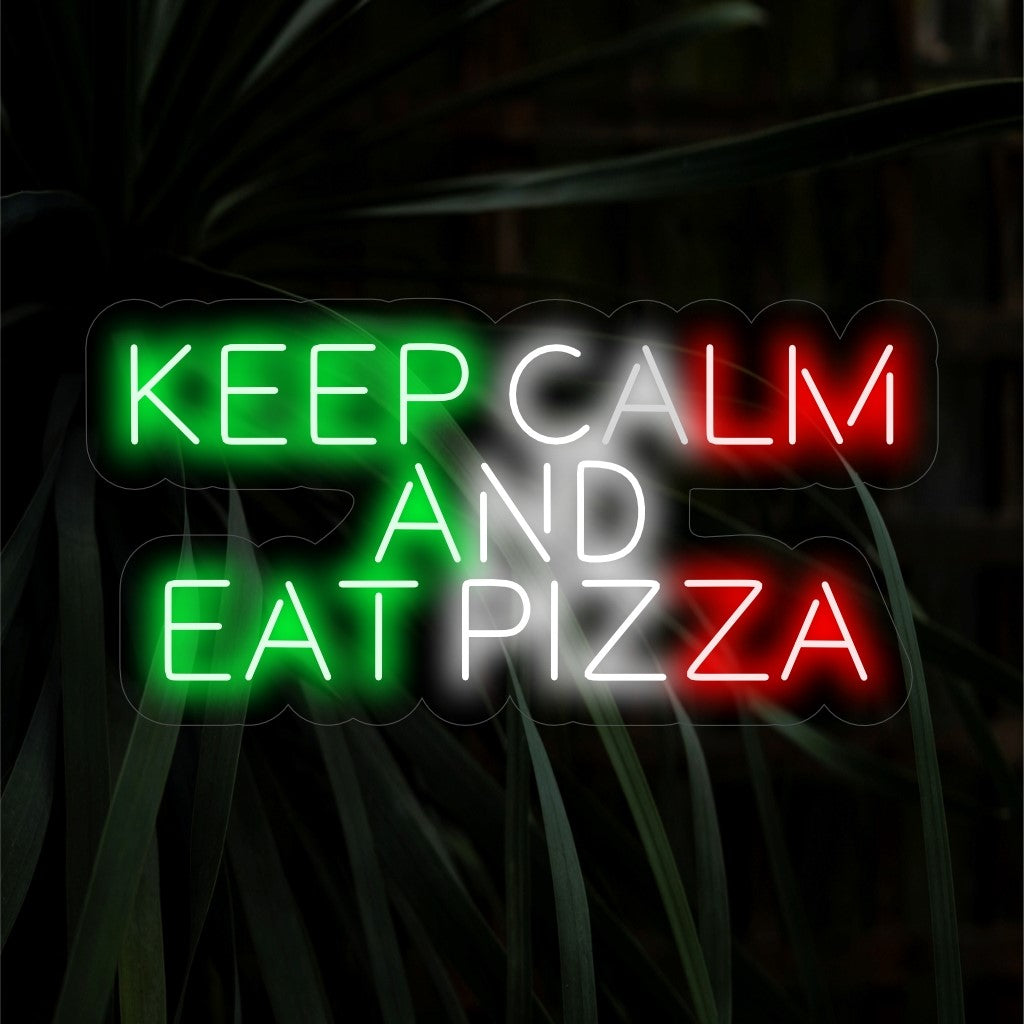 Neonschild „Keep Calm And Eat Pizza“ – Verleihen Sie Ihrer Pizzeria oder Küche mit diesem leuchtenden Neonlicht eine entspannte Atmosphäre. Ideal für eine entspannte und einladende Atmosphäre.