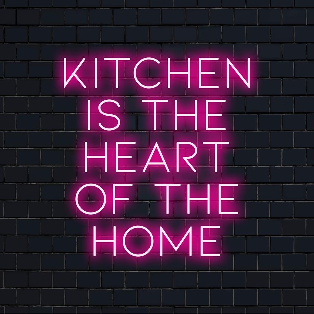 Individuelles LED-Neonschild mit der Aufschrift „Kitchen Is The Heart Of The Home“ in leuchtendem Text, perfekt für eine gemütliche Küchendekoration.