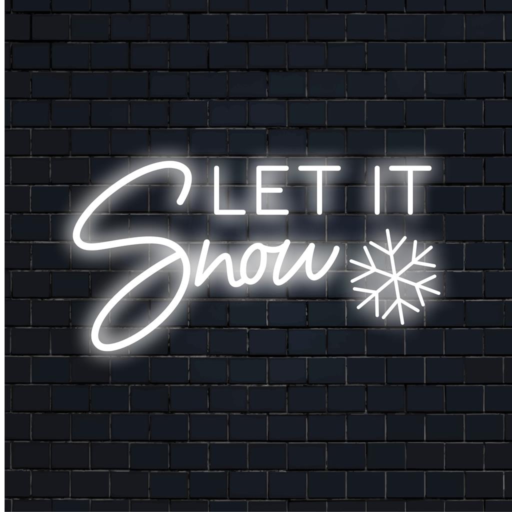 LED-Neonschilddesign „Let It Snow“ mit individuell handgefertigten, leuchtend weißen Buchstaben, perfekte Neonlichtdekoration für winterliche Atmosphäre.