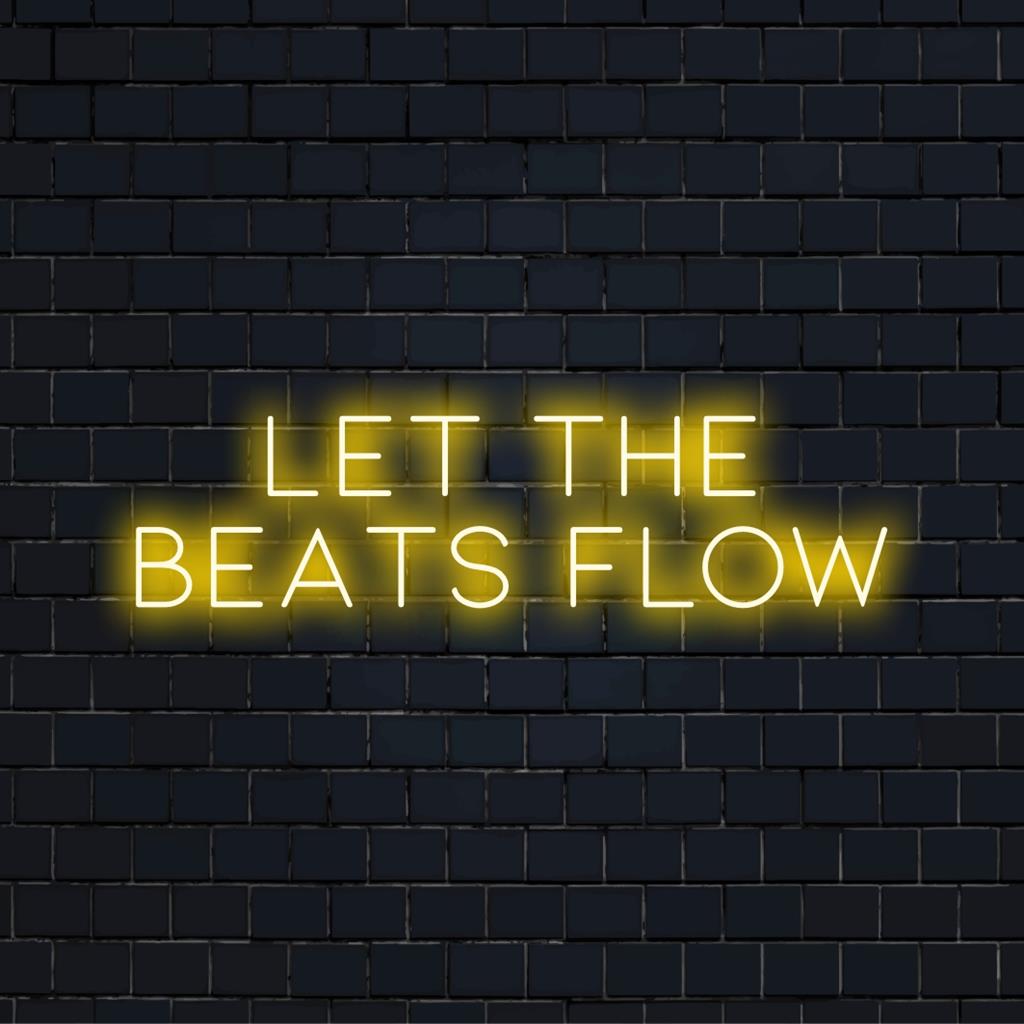 Lebendiges LED-Neonschild mit rhythmischem Text „Let The Beats Flow“, perfekt für eine lebhafte Atmosphäre oder Wandkunst mit Musikthema.