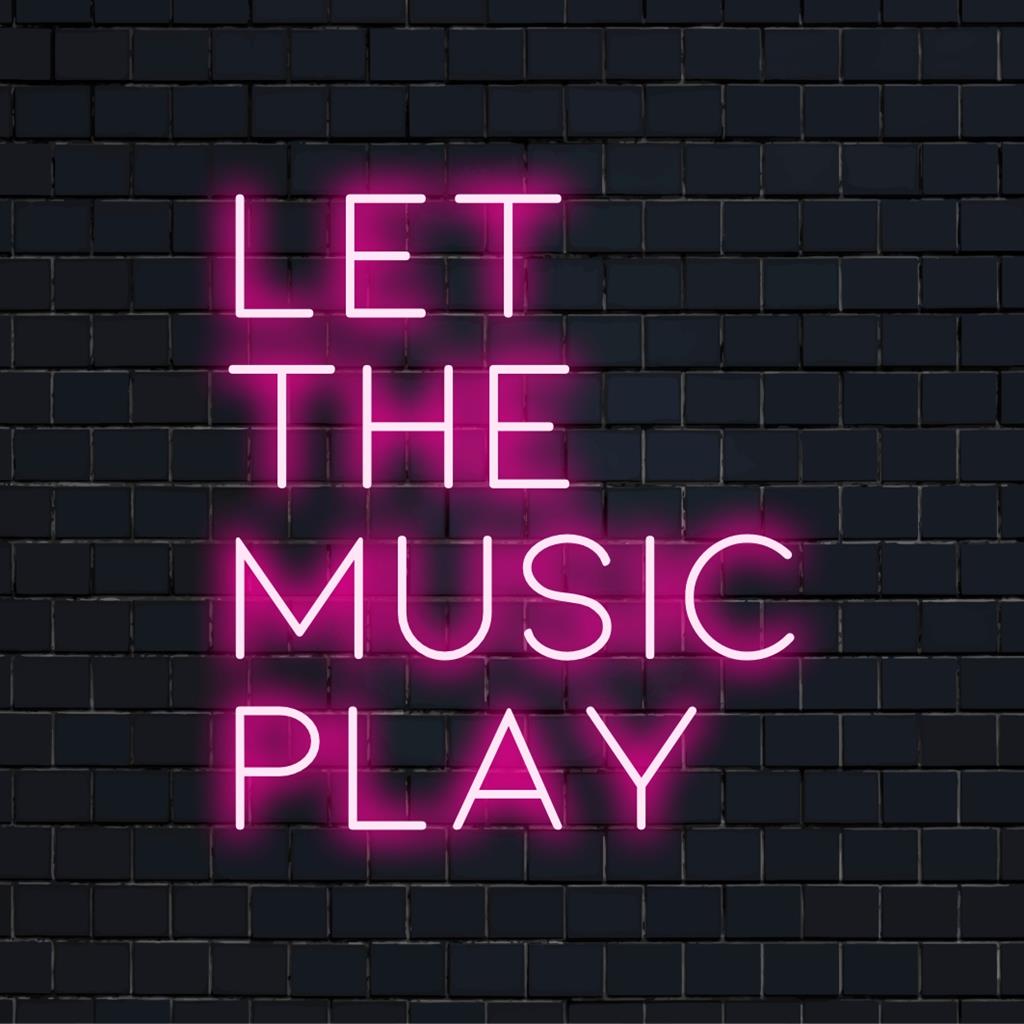 Maßgefertigtes LED-Neonschild mit den kräftigen, leuchtenden Buchstaben „Let The Music Play“, eine auffällige Ergänzung für jeden Raum.