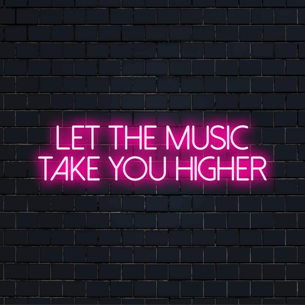 Farbenfrohes, individuelles LED-Neonschild mit der Aufschrift „Let The Music Take You Higher“, eine lebendige Ergänzung für Ihren kreativen Raum.