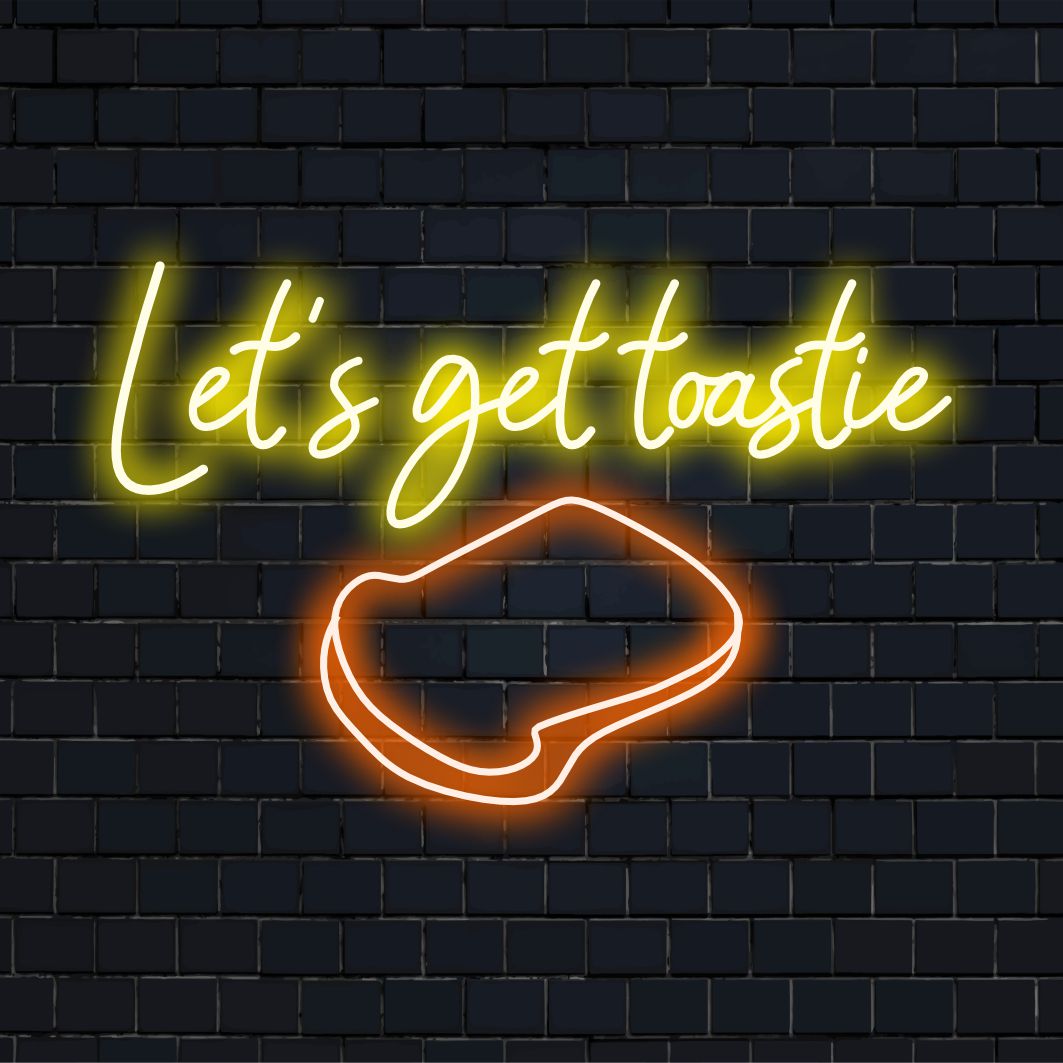 Neonschild „Let's Get Toastie“ mit handgefertigtem LED-Neonschriftzug für eine warme und einladende Einrichtung.