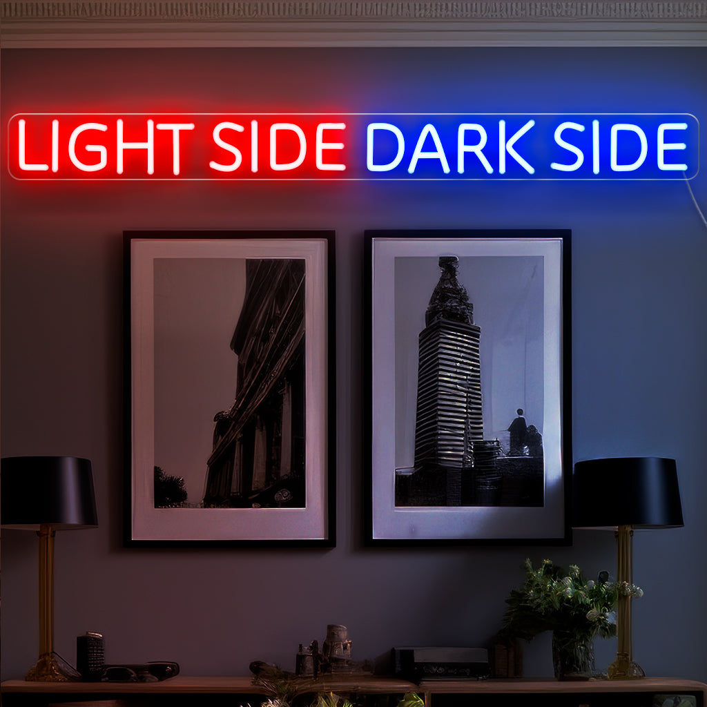 „Light Side Dark Side Neon Sign“ ist eine leuchtende Darstellung der Dualität, perfekt für Räume mit kontrastierenden Schwingungen. Erhellen Sie Ihre Umgebung mit diesem unverwechselbaren Neonlicht!