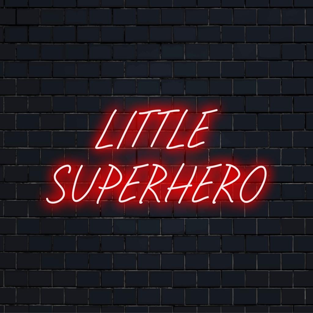 Neonlichtdekor mit auffälligem „Little Superhero“-Text in LED, perfekt zur Verbesserung der Atmosphäre im Kinderzimmer oder Spielbereich.