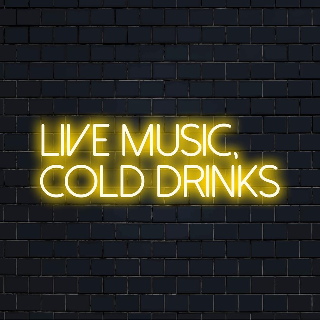 Helles LED-Neonschild mit dem Text „Live Music, Cold Drinks“, ideal für lebhafte Veranstaltungsorte und Hausbars. Neonlicht-Dekor.