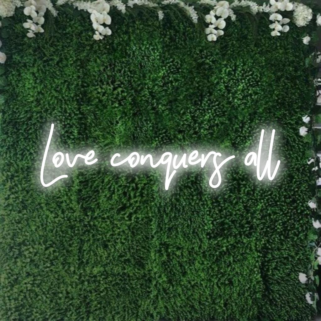 „Love Conquers All“ leuchtet in leuchtenden Neonfarben, ideal als personalisiertes LED-Neon-Kunstschild für die Inneneinrichtung zu Hause oder im Geschäft.