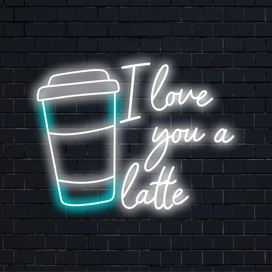 Individuelles LED-Neonschild mit den Worten „Love You A Latte“, das in leuchtenden Farben leuchtet, perfekt für eine einzigartige Dekorationsatmosphäre.