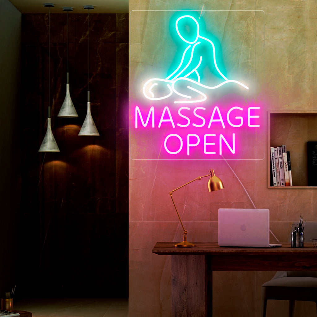 Das „Massage Open Neon Sign“ ist eine einladende und beruhigende Ergänzung, perfekt, um auf eine offene Massage oder einen Spa-Service hinzuweisen. Leuchten Sie mit Entspannung und Ruhe!