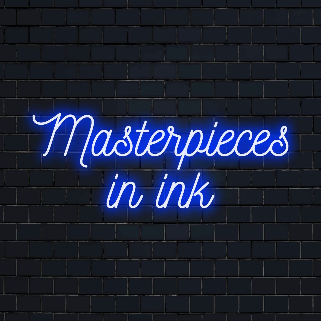 Einzigartiges LED-Schild „Masterpieces In Ink“ für perfekte personalisierte Neonkunst, das Räume mit maßgeschneiderter Eleganz erhellt.