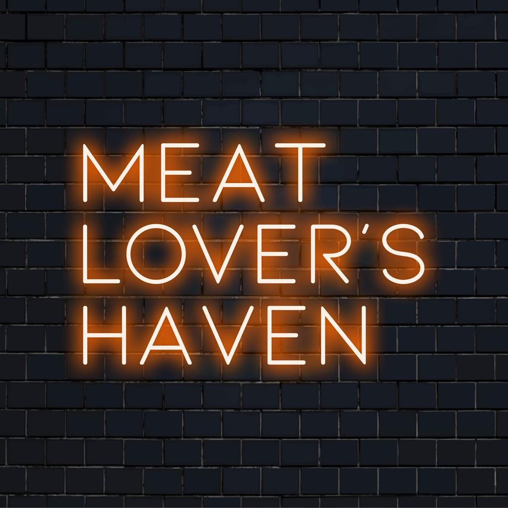 Maßgefertigtes LED-Neonschild mit der Aufschrift „Meat Lover‘s Haven“, das leuchtende Neonfarben für eine beeindruckende visuelle Wirkung kombiniert.