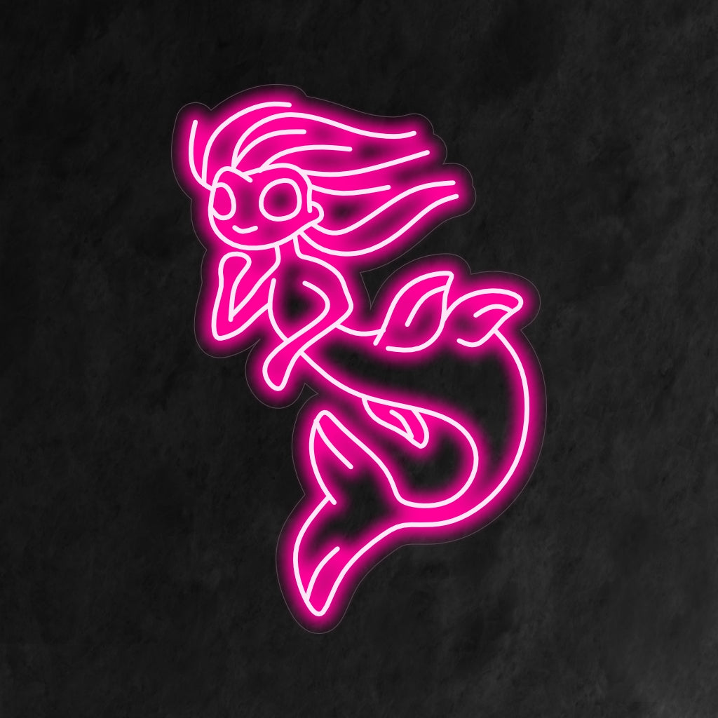 Ein beleuchtetes Neonschild mit einer faszinierenden Meerjungfrau, das den Zauber des Ozeans und der Fantasiewelten heraufbeschwört