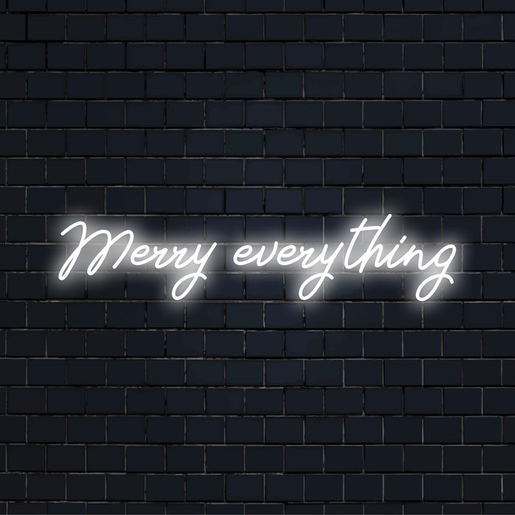Festliches LED-Neonschild, das „Merry Everything“ in fröhlichen Farben leuchtet; perfekte Neon-Wandkunst für die Feiertagsdekoration.