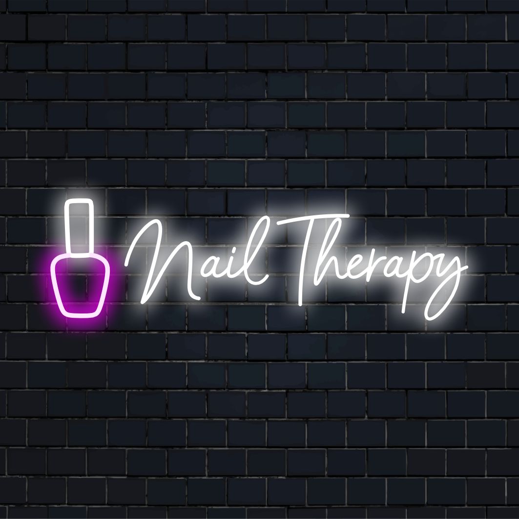 Individuelles LED-Neonschild mit der Aufschrift „Nail Therapy“ in leuchtenden Farben, perfekt für die Salondekoration und eine personalisierte Neonatmosphäre.