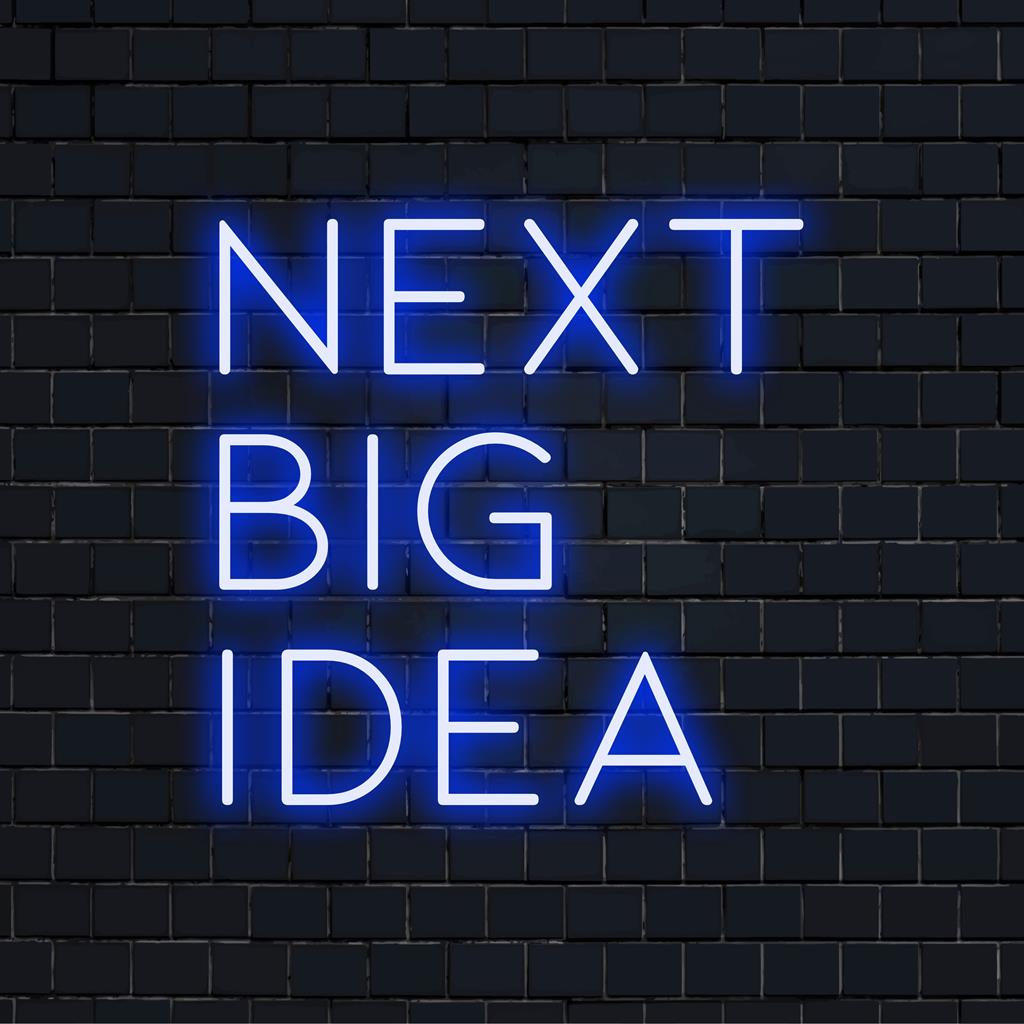 Lebendiges, individuelles LED-Neonschild „Next Big Idea“, perfekt, um jedem Raum eine inspirierende Neonlichtdekoration hinzuzufügen.
