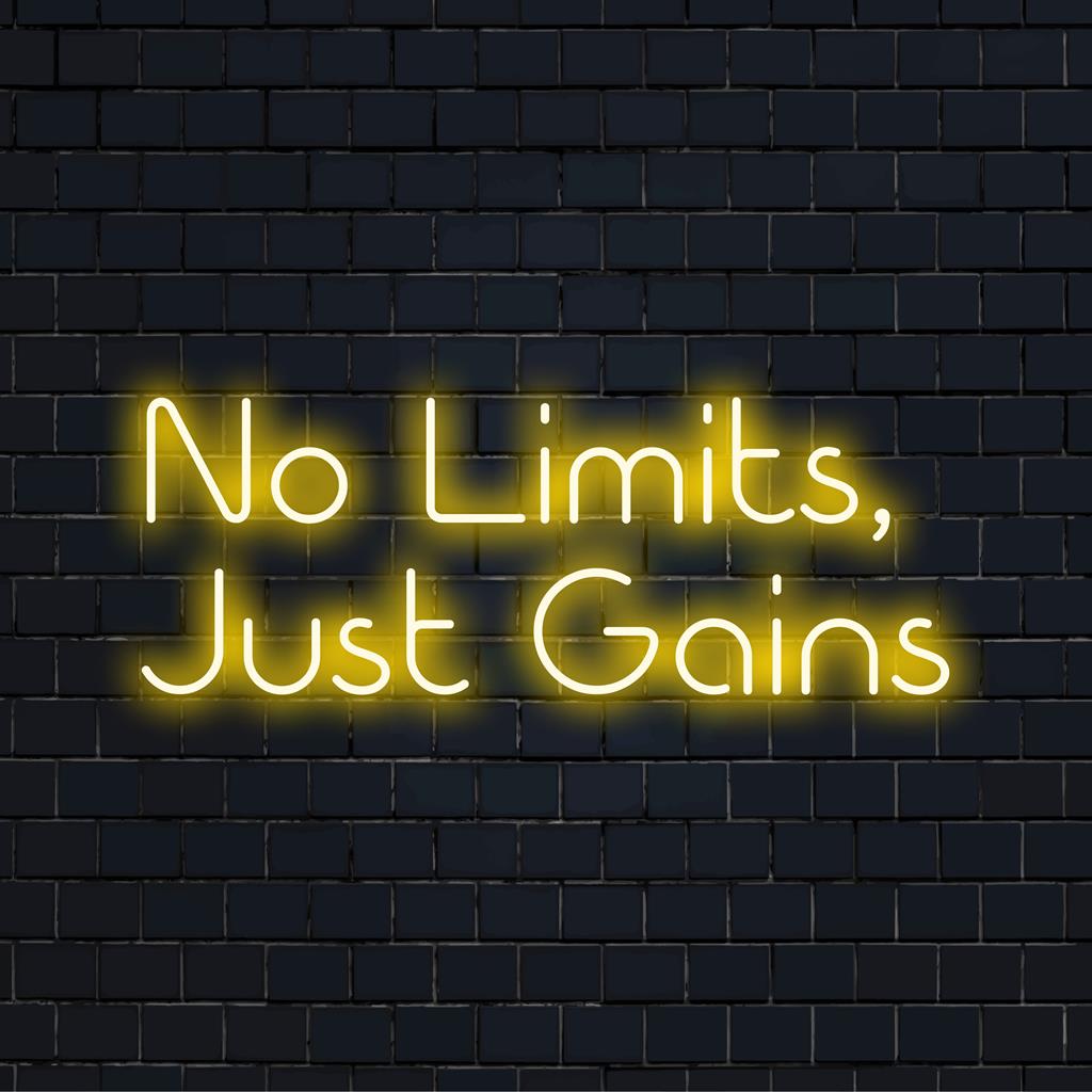 Individuelles LED-Neonschild mit der Aufschrift „No Limits, Just Gains“; lebendiges Leuchten, perfekt für motivierende Dekoration oder persönliche Fitnessstudio-Statements.
