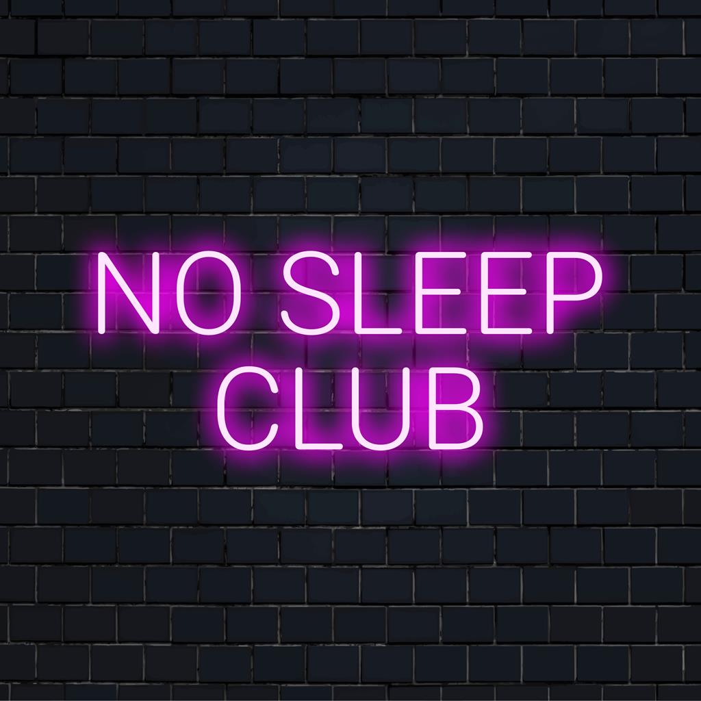 LED-Neonschild mit dem Satz „No Sleep Club“ in kräftigem, auffälligem Neon, perfekt für eine lebendige Inneneinrichtung.