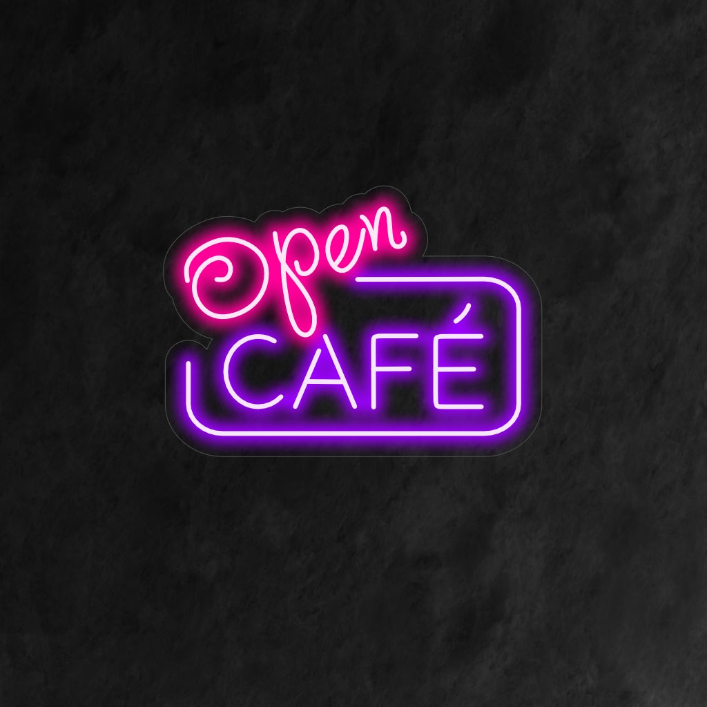 Das „Open Cafe Neon Sign“ ist eine einladende und einladende Ergänzung, perfekt für Räume, die die Wärme einer Café-Atmosphäre ausstrahlen. Leuchten Sie mit dem Versprechen offener Türen und gemütlicher Atmosphäre!