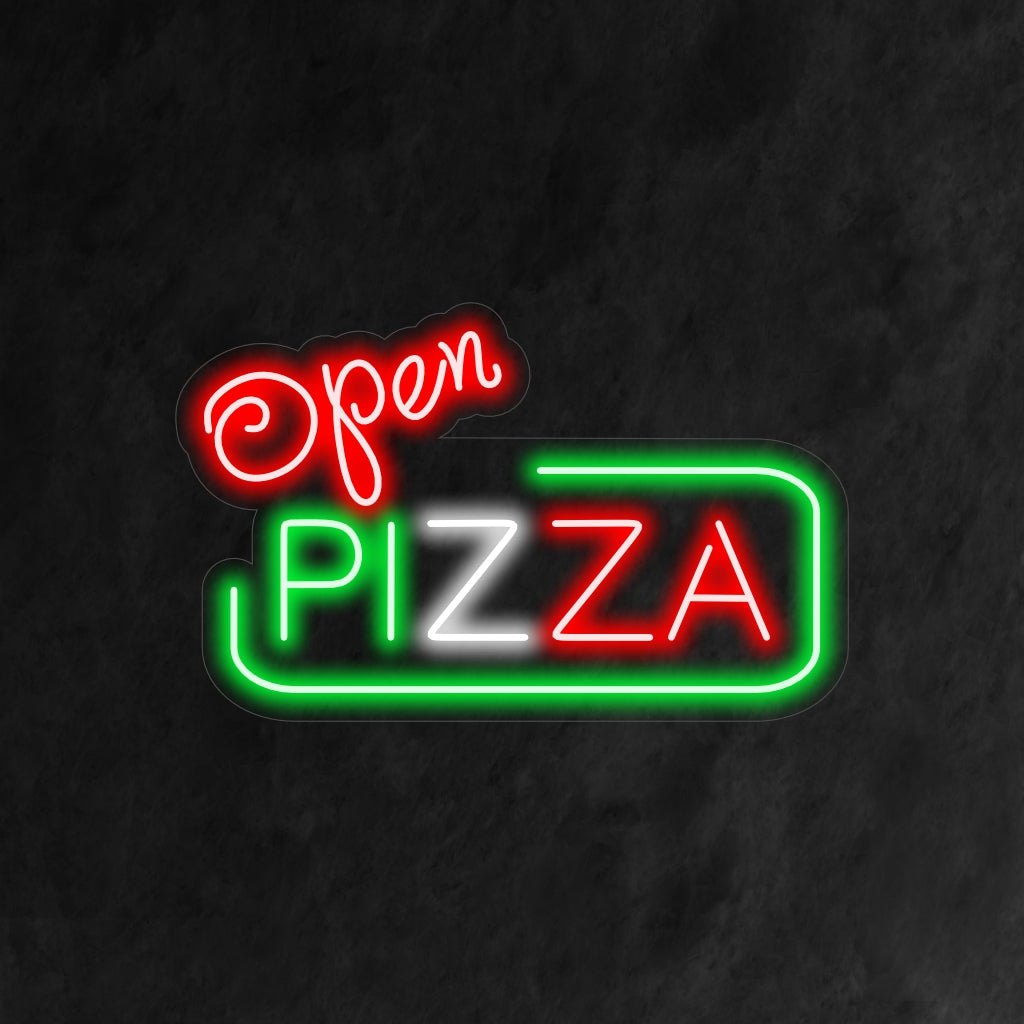 Das „Open Pizza Neon Sign“ ist eine herzhafte und unwiderstehliche Ergänzung, perfekt für Pizzerien, die ihre Türen für Pizzaliebhaber öffnen. Erleuchten Sie mit dem Duft frisch gebackener Köstlichkeiten!