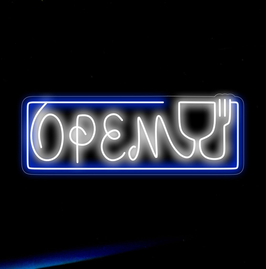 „Open with Fork and Glass Neon Sign“ ist eine raffinierte Ergänzung für Gourmets und perfekt für Restaurants, die ihre Gäste zu einem köstlichen Speiseerlebnis einladen. Leuchten Sie mit dem Versprechen kulinarischer Köstlichkeiten!