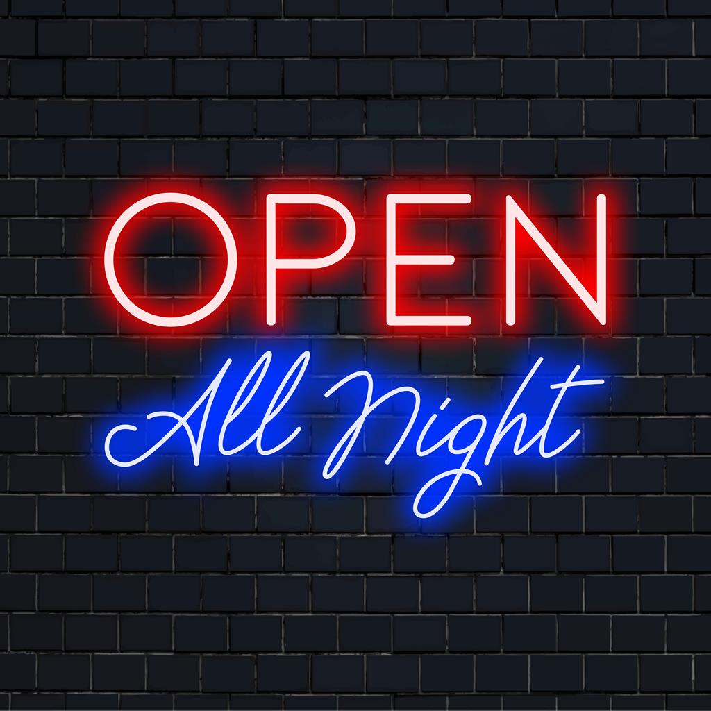 Lebendiges „Open All Night“-Schild, das in blauen LED-Neonlichtern leuchtet und der Einrichtung Ihrer Bar oder Ihres Restaurants eine Retro-Atmosphäre verleiht.
