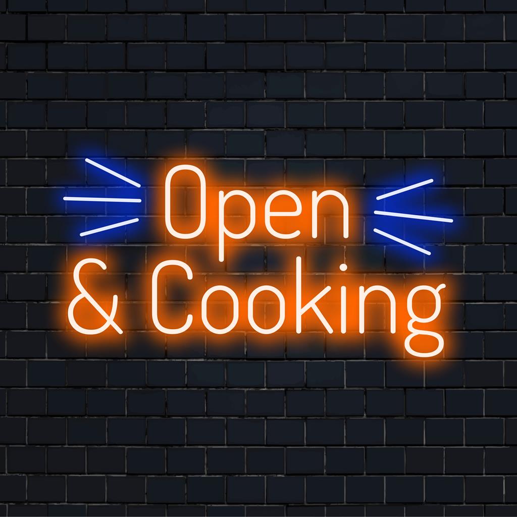 Maßgefertigtes LED-Neonschild mit „Open And Cooking“, perfekt für dynamische Deko-Stimmung und personalisierte Beleuchtung.