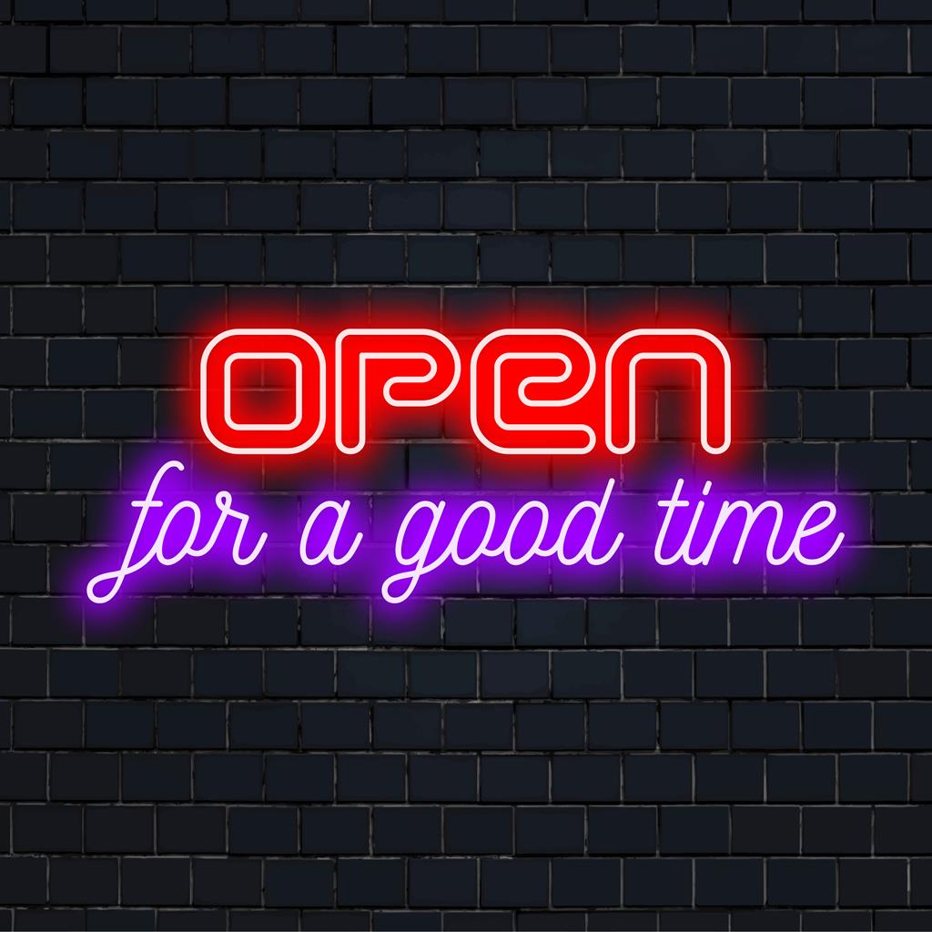 Lebendiges LED-Neonschild „Open For A Good Time“; perfekt für Bars oder Zuhause, sorgt für ein verspieltes Leuchten und eine einladende Atmosphäre.