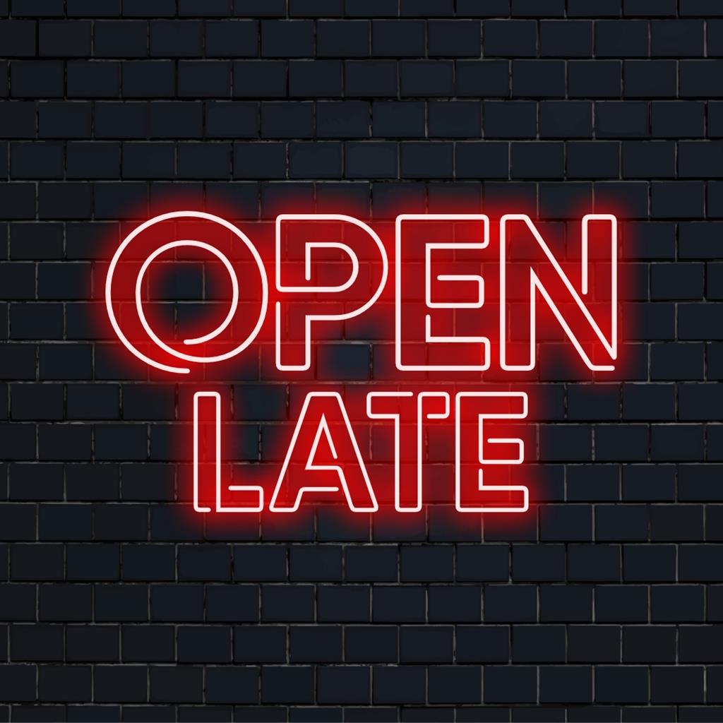Maßgefertigtes LED-Neonschild mit der Aufschrift „Open Late“, ideal, um jedem Raum einen lebendigen, einladenden Glanz zu verleihen.