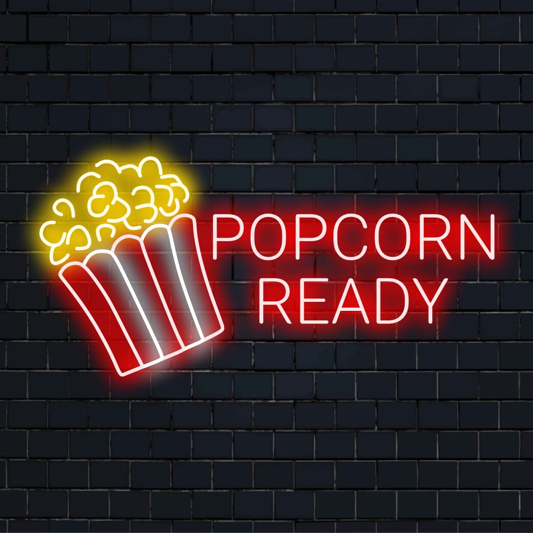 Individuelles LED-Neonschild mit der Aufschrift „Popcorn Ready“ in hellem Licht, perfekt für Filmabende und Heimdekor-Liebhaber.