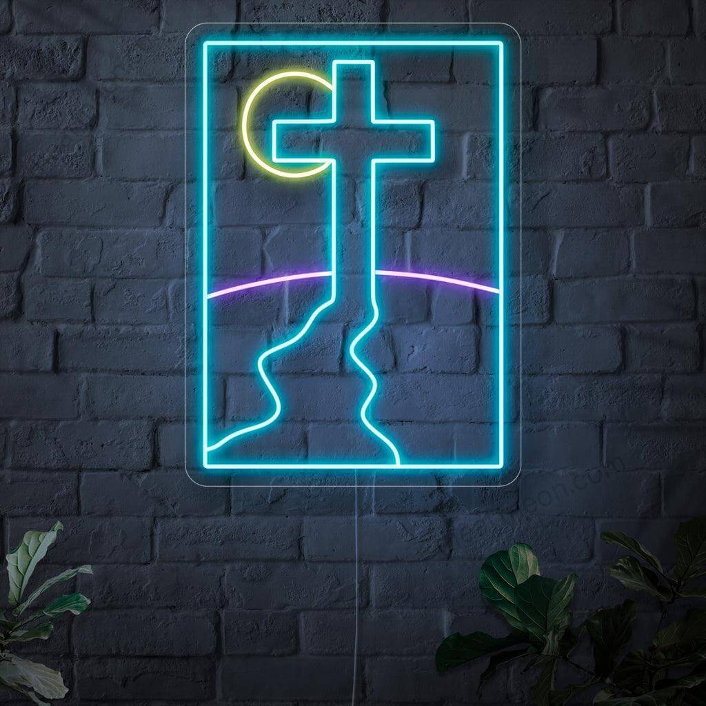 Ein beleuchtetes Neonschild mit einem Weg, der zu einem Kreuz führt, symbolisiert die Reise des Glaubens und vermittelt Orientierung und Inspiration